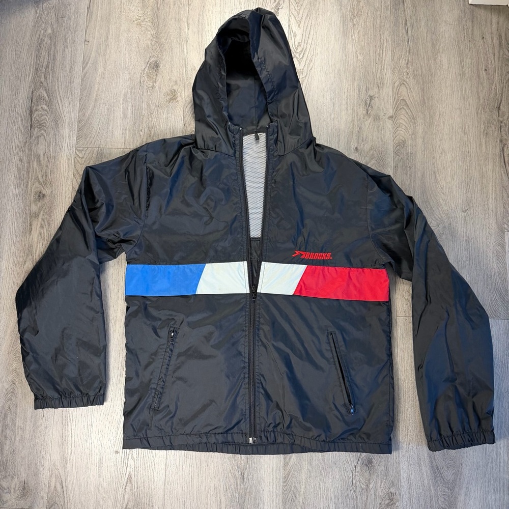 Brooks Jacket Woman’s Large Black Hooded Full Zip Windbreaker Running Colorblock